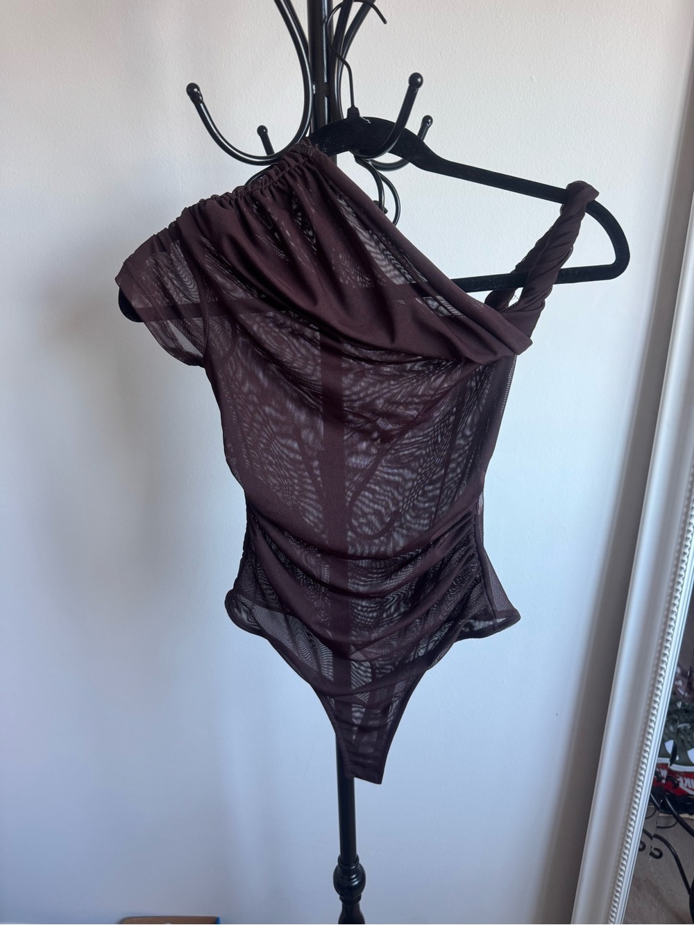 Zara One-Shoulder Sheer Chocolate Brown Bodysuit